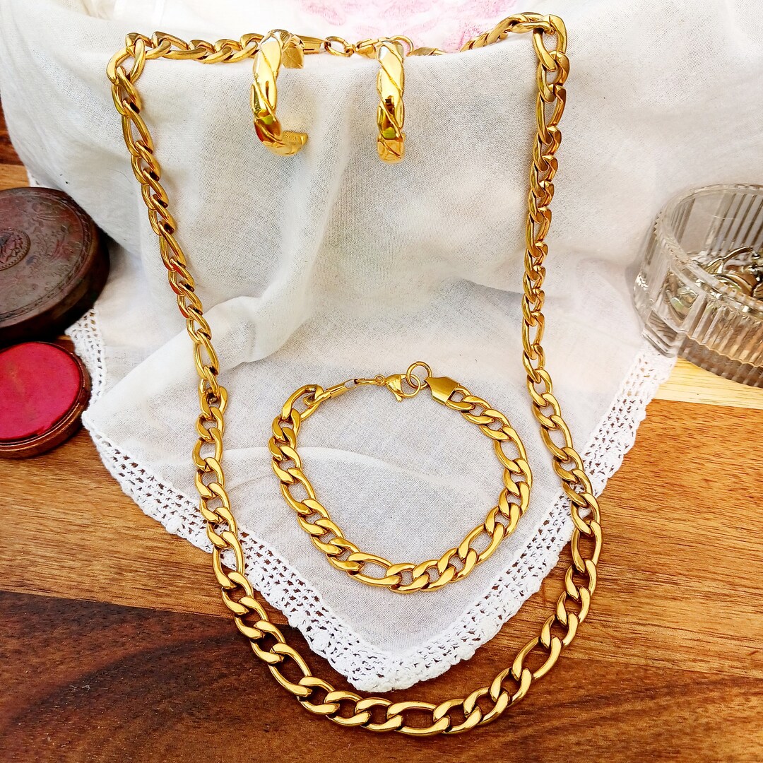 Parure Figaro vintage color oro, collana e bracciale a catena pesante e  spessa, orecchini a bottone a cerchio, set regalo di gioielli con maglie in 
