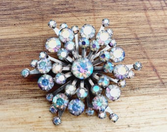 Vintage Aurora Borealis Strass Brosche, schillernde Kristall Starburst Anstecknadel