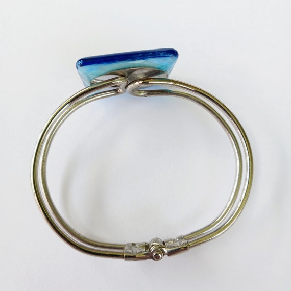 Vintage blue glass hinged bracelet, glitter mottl… - image 6