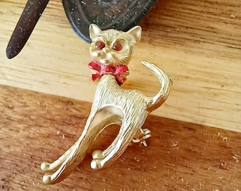 Vintage dämonische Katze Brosche, goldfarbene und rote Strass Brosche, Teufel Tier figural Schmuck, Halloween einzigartige seltene Clip