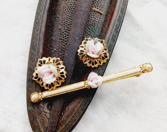 Victorian Porcelain Rose Jewelry Set: Gold Tone Filigree Earrings & Pin