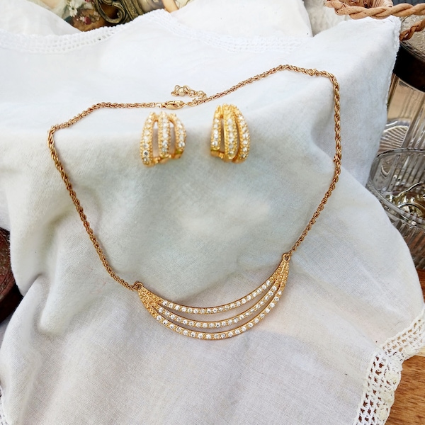 Vintage RMN Roman gold tone and cz parure, three bar necklace and earrings, sparkly cubic zirconia pendant and studs, quality jewelry set