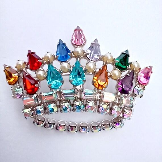 Vintage family crown brooch earrings,multicolor r… - image 7