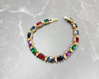 Vintage Blanca Rhinestone Tennis Bracelet, Multicolor Crystal Jewelry (7 1/4 inch)