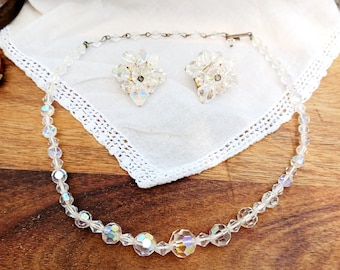Vintage Aurora Borealis Crystal Necklace and Clip-on Earrings Set