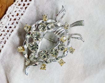 Vintage Rhinestone Leaf Brooch, Mid-Century Sparkling Jewelry