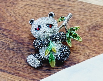 Vintage Strass Panda Brosche, Kristall Bambus Detail