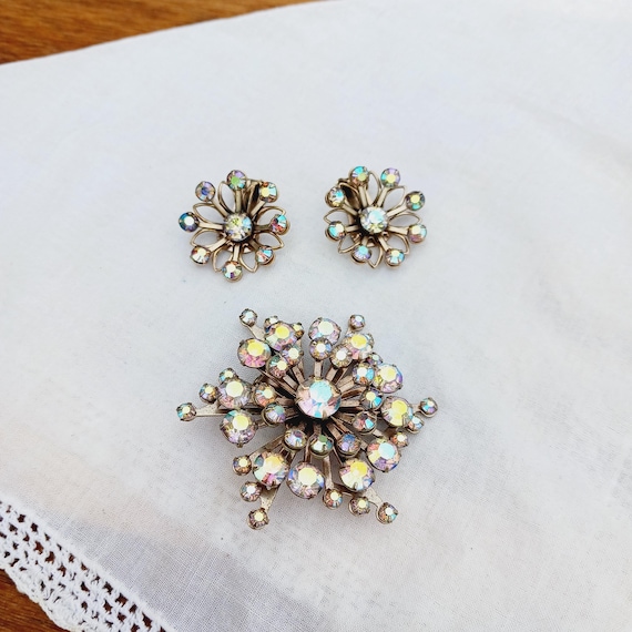 Vintage Aurora Borealis Rhinestone Brooch and Clip-On Earrings Set