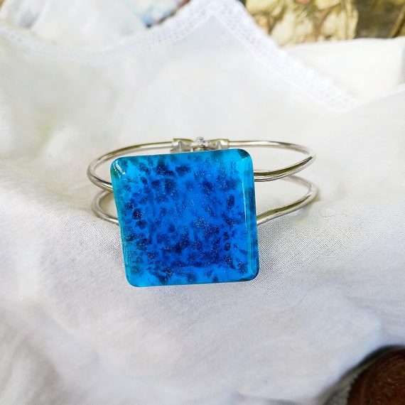 Vintage blue glass hinged bracelet, glitter mottl… - image 1
