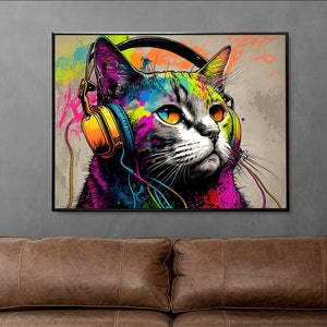 Colorful Cat with Headphones AI Wall Art Decor Cats Music Painting Digital Download Print