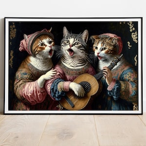 Renaissance Cats Singing AI Digital Art Wall Decor Digital Print Midjourney Cats Poster Painting