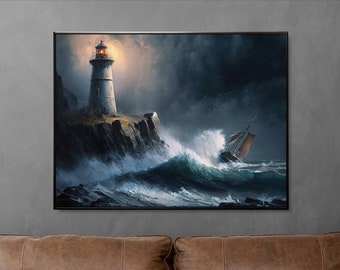May include: A painting of a lighthouse on a rocky cliff with a ship sailing through stormy seas. The lighthouse is white with a black roof and a light shining from the top. The ship is brown with white sails and is being tossed about by the waves. The sea is dark blue and green with white foam.