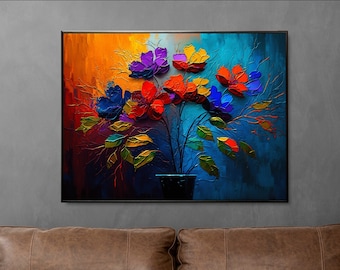 May include: A painting depicting a bouquet of colourful flowers in a dark vase. The flowers are painted in a bold, textured style with shades of blue, purple, red, orange, and yellow. The background is a dark blue and orange.