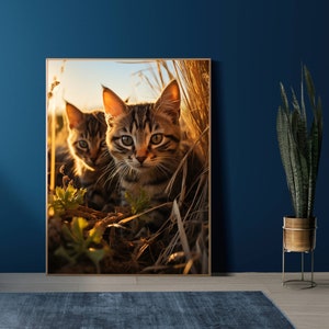 Cats in a Field Art Print Wall Art Wall Decor AI Art Catlovers Gift