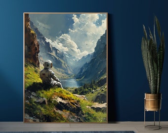 May include: A painting of an astronaut sitting on a rocky cliff overlooking a valley with a lake. The astronaut is wearing a white spacesuit with a red stripe. The valley is green and lush, with mountains in the background. The sky is blue with white clouds.