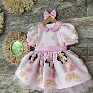 Minnie Mouse Printed  Terry Stuff Dress For Baby Girl In Pink Color