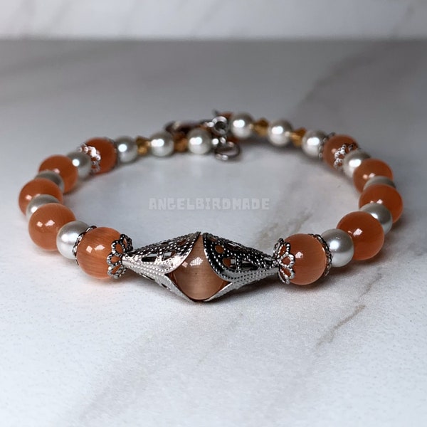 Orange Cat Eye and Pearl Memory Wire Bracelet Bangle | Stainless Steel and Glass Star Charm