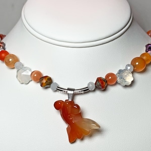 Funky Goldfish | Carnelian Beaded Choker Necklace with Carved Carnelian Gemstone Pendant | ocean, mermaidcore, fish, funky beach aesthetic