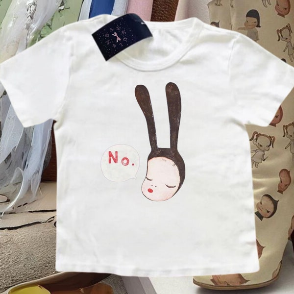 Yoshitomo Nara Baby Tee, Bunny Girl No, Coquette Yoshitomo Nara Bunny Shirt Y2K Graphic Baby Tee Coquette Japan Aesthetic Bunny Graphic Tee