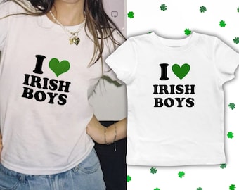 I Love Irish Boys Baby Tee, St Patricks Day Shirt, Y2K St Paddy baby tee, Shamrock Baby Tee, Kiss Me I'm Irish, Trendy 2000s Top