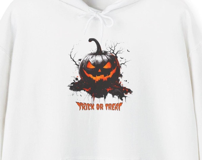 Scary Pumpkin Print Unisex Hooded Sweatshirt, 50% Cotton/Polyester, 5 colors, Medium-Heavy Halloween Spooky Hoodie Trick or Treat Fall Gifts