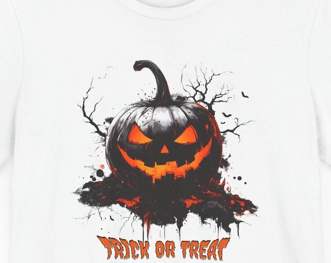 Trick or Treat Pumpkin Graphic Unisex Short Sleeve T-Shirt, Halloween Print, Available in 4 colors Spooky Fall Gifts