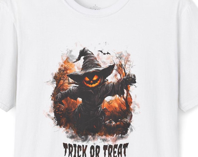 Trick or Treat Unisex Cotton T-Shirt, Spooky Pumpkin Graphic, Crew Neck, Halloween Tee Jack 'O Lantern Witch