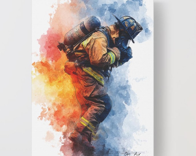 Firefighter Canvas Wall Art Print "On Air" Hero Fireman Watercolor Painting Firefighter Gift, Firefighter Appreciation Home & Office Decor
