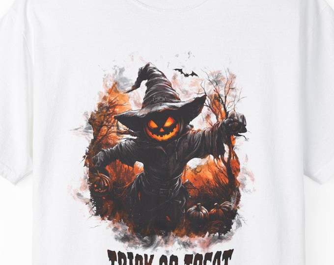 Trick or Treat Pumpkin Witch Unisex T-Shirt, Garment-Dyed, 100% Cotton Halloween Tee, 5 colors