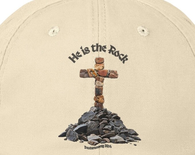 Distressed Cotton Cap with Crucifix Image Bible Verse, Low Profile Twill Hat, 3 Color Options, He is the Rock Deuteronomy 32:4 Christian God