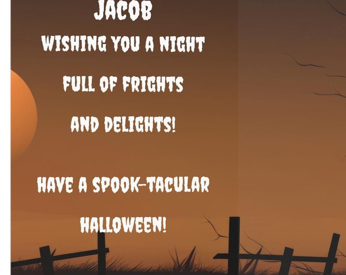 Halloween Greeting Cards, customizable name, spooky tree scene, personalized gift cards, scary Halloween card, Trick or Treat