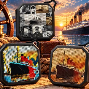 May include: Three square portable speakers with black frames and perforated grilles. The top speaker features a black and white collage of the Titanic. The bottom left speaker shows a colorful Titanic illustration, and the bottom right displays a sepia-toned Titanic image.