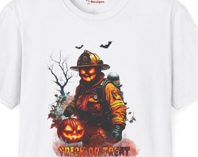 Trick or Treat Firefighter Jack 'O Lantern Unisex T-Shirt, Halloween Tee, Solid Colors 100% Cotton, Sport Grey 90/10 cotton/polyester