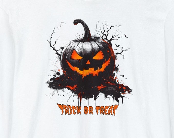 Unisex Garment-dyed Long Sleeve T-Shirt, Trick or Treat Pumpkin Design Halloween Shirt, 3 colors, Spooky T-shirt