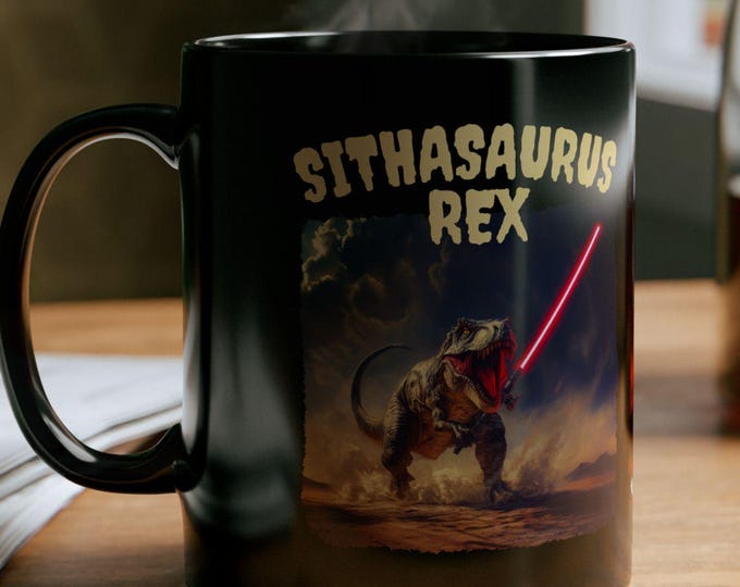 Sithasaurus Rex Black Mug - Funny Dinosaur Coffee Cup, Nerdy Kitchen Decor, Unique Gift for Geeks, Jedi Mug