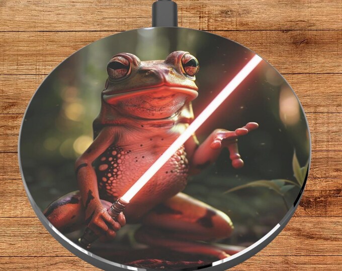 Sci-Fi Frog Warrior Wireless Charger Pad, Black Aluminum Base, 3.93 inch Diameter - Unique Home & Office Charging Accessory, Decorative Tech