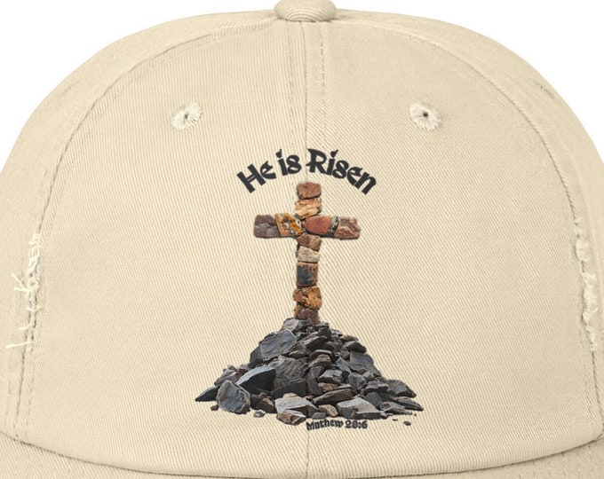 He is Risen Unisex Distressed Cap with Cross, Matthew 28:6 Verse, 7 Colors, One Size, 100% Cotton Twill Religious Christian Jesus godly
