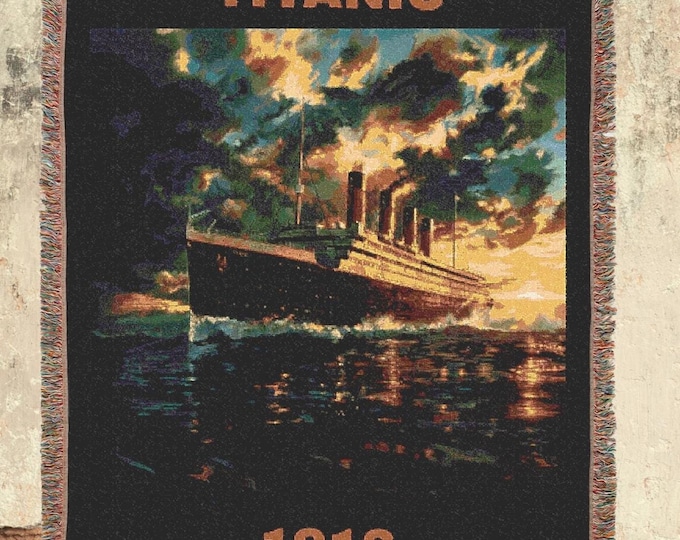 Titanic 1912 Woven Blanket, Watercolor Design with Fringed Edges - Historical Inspired Home Decor, RMS Titanic Ship Blanket, Nautical Throw