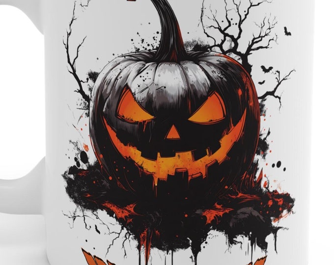 Halloween Trick or Treat Ceramic Mug, 11 oz, Scary Pumpkin Design, Holiday Party Gifts Spooky Mugs Jack 'O Lantern