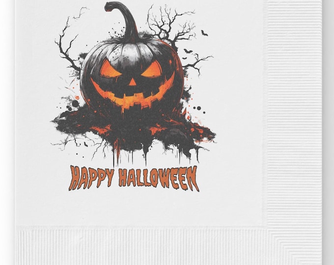 Scary Pumpkin Happy Halloween White Coined Napkins, 2 Sizes, 50 or 100 Count Party Gifts Spooky Holiday