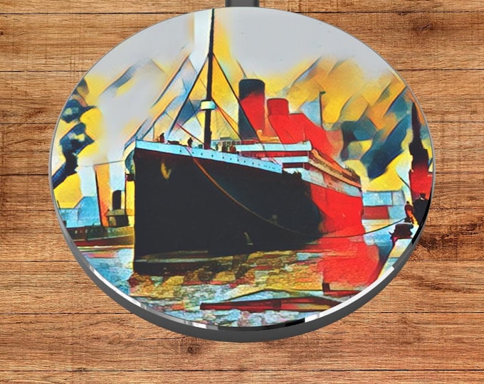 Titanic Historic Ship Wireless Charger, Cubism Art Qi-Compatible 3 93-inch, Black Base, Unique Design, Gift for History Buffs, Vintage