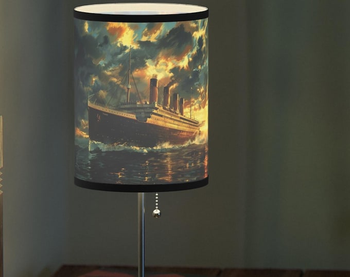 RMS Titanic Sailing Lamp on Stand, 20" x 7", Printed Shade with Black Fabric Trim Gifts Home Decor Collection Collector Nautical