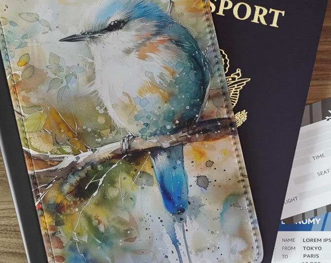 Passport Cover, Travel Document Holder, Bluebird Watercolor Design, Personalized Option Available