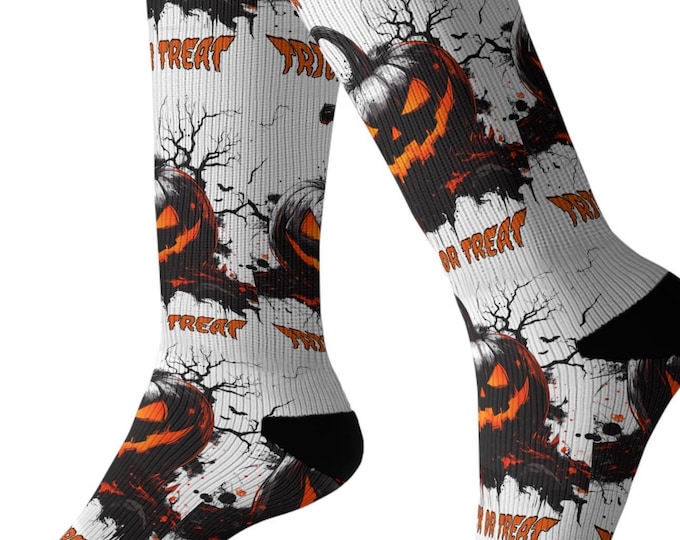 Halloween Sublimation Unisex Socks, Scary Pumpkin Print, Regular Fit, Cushioned Bottoms, 3 Sizes, Party Favors, Polyester/Spandex Blend