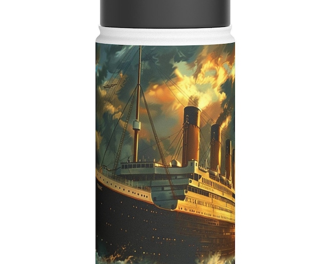 Titanic Watercolor Stainless Steel Water Bottle, Standard Lid - Nautical Travel Flask, Ocean Art Drinkware, Cruise Ship Decor, Sunrise Sky