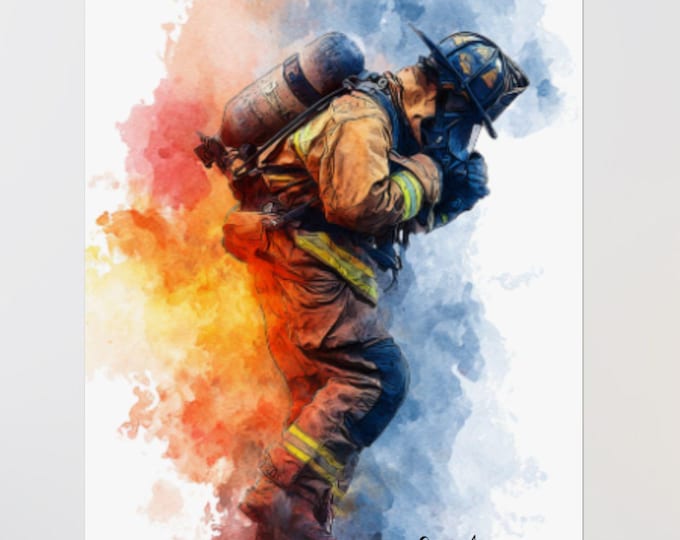 Firefighter Watercolor Poster "On Air"  Vertical Matte Wall Art Print | Firefighter Gift, Home Office or Fire Station Decor