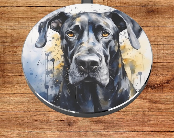 Great Dane Art Wireless Charger Pad, Qi Compatible Black Base, Dog Lover Tech Gift, Pet Owner Phone Charging Station, Animal Design Power