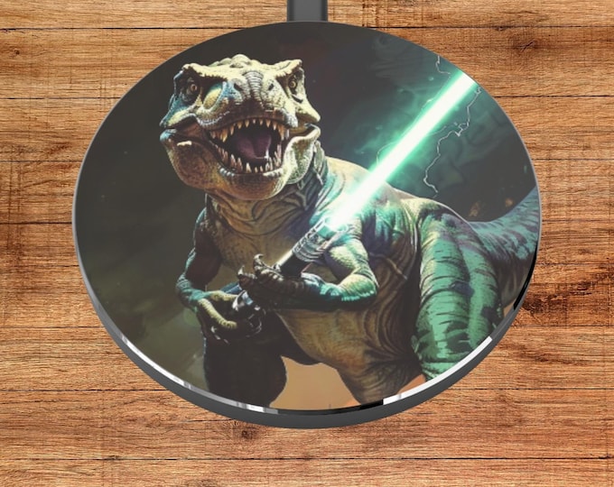 T-Rex Lightsaber Wireless Charger, Dinosaur Lover Gift, Tech Accessories, Desk Organizer, Unique Gift Idea, Black Phone Charger