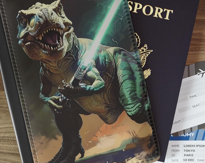 Dinosaur Lightsaber Passport Cover: Faux Leather Travel Organizer