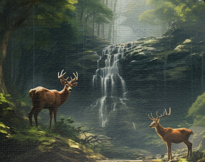 Deer in the Woods Puzzle (520, 1014-piece) | Animal Life Nature Trees Waterfall Light God's Creatures Stag Doe Buck Flora Fauna 1000